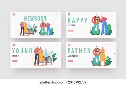 Newborn Landing Page Template Set. Young Family with Baby. Mother and Father Characters Care of Children, Holding on Hands, Use Hipseat and Feeding, People Parenting. Cartoon Vector Illustration