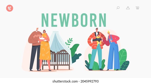 Newborn Landing Page Template. Young Family with Baby in Bedroom. Mother and Father Characters Care of Child, Holding on Hands, Use Hipseat and Feeding, People Parenting. Cartoon Vector Illustration