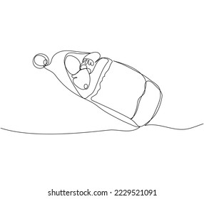Newborn lies in a sleeping bag, nest bag one line art. Continuous line drawing of childhood, newborn, son, daughter, motherhood, swaddling, baby sleep, safety, admission from the maternity hospital.