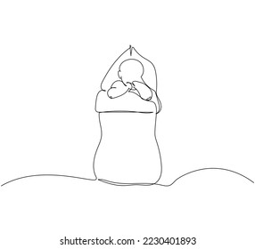 Newborn lies in a sleeping bag and sucks his fingers, nest bag one line art. Continuous line drawing of childhood, newborn, new life, son, daughter, motherhood, baby, swaddling, baby sleep, safety.