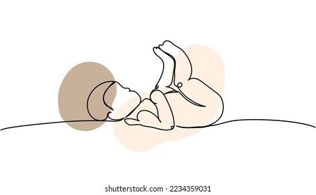 El recién nacido miente y ondea sus piernas una línea de arte con elementos coloridos. Dibujo continuo de niño, niñez, recién nacido, nueva vida, hijo, hija, silueta, maternidad, bebé.