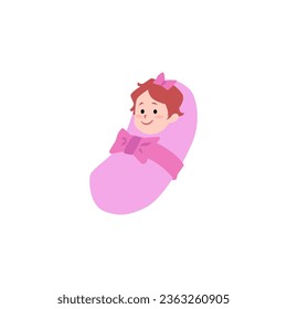Newborn lies wrapped in a pink diaper with bows. Adorable beautiful daughter. Cute girl baby, toddler child activity. Vector cartoon illustration cheerful infant character isolated on white background