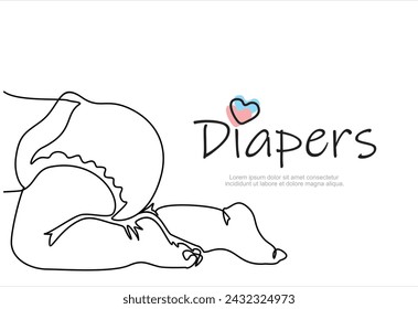 Newborn line art. Baby legs illustration. Art for print. Child in diaper. Continuous one line drawing of newborn. Hand drawn art for children's diapers.