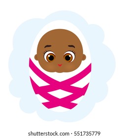 Newborn little African American girl. Cute Cartoon Baby girl Shower Invitation Card. Vector illustration eps 10 isolated on white background