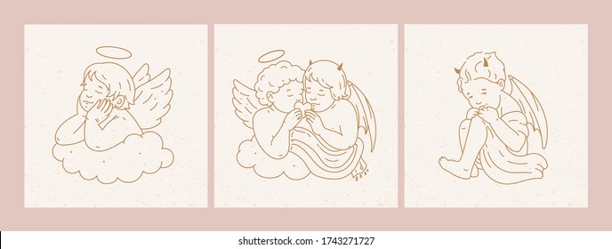 Newborn little Babies. Cards with Angels, Cupid and Demon. Wings, horns and halo. Tattoo idea. Hand drawn Vector illustrations. Outline, coloring page concept. Every illustration is isolated svg