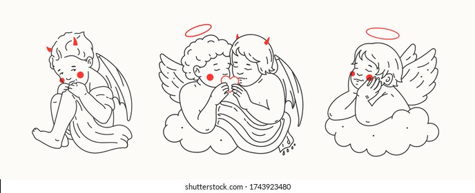 Newborn little Babies. Cards with Angels, Cupid and Demon. Wings, horns and halo. Tattoo idea. Hand drawn Vector illustrations. Outline, coloring page concept. Every illustration is isolated