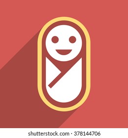 Newborn long shadow vector icon. Style is a flat light symbol with rounded angles on a red square background.