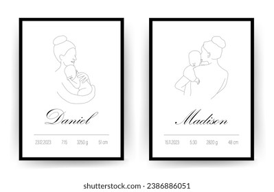 Newborn metric. Baby Shower poster with name, date of birth, weight and height. Mother and child in linear style. One line art. Minimalistic vector illustration.