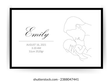 Newborn metric. Baby Shower poster with name, date of birth, weight and height. Mother and child in linear style. One line art. Minimalistic vector illustration.