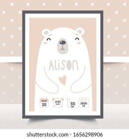 Newborn metric. Poster, height, weight, date of birth. Bear