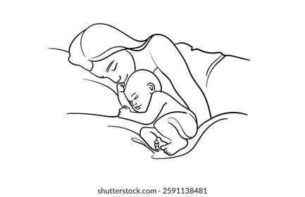 Newborn with mom sleeping on a pillow, continuous line art drawing. Motherhood, parenthood, pregnancy. Vector illustration isolated on white background