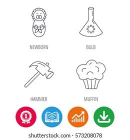 Newborn, muffin and lab bulb icons. Hammer linear sign. Award medal, growth chart and opened book web icons. Download arrow. Vector