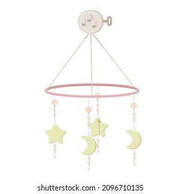 Newborn nursery room decor concept. Illustration of baby sleep mobile: moons and stars. Vector hanging baby toy. Isolated on white background.