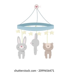 Newborn nursery room decor concept. Illustration of baby sleep mobile: bunny, bear and stars. Vector hanging baby toy. Isolated on white background.