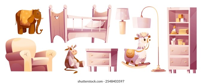 Conjunto interior de sala de recién nacidos con cuna beige, juguetes de peluche de peluche, sillón acogedor, cajón de gabinete, lámpara de mesa, caballo mecedor y estantería alta que contiene artículos esenciales para bebés. Elementos de dibujos animados.