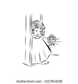 Newborn one year old girl walks barefoot with a lantern. Child in vintage style dressed in the nightgown. Coloring page. 