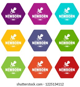Newborn pacifier icons 9 set coloful isolated on white for web