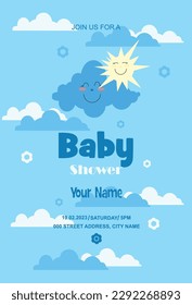 Newborn party invitation, sky with blue and white clouds, cloud and sun with smile and text.