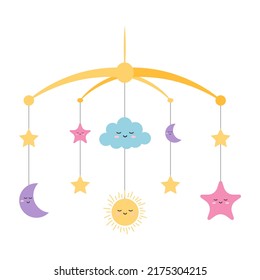 Newborn pendant, bed and bedroom decoration. Clouds, stars, sun, moon. Vector illustration.