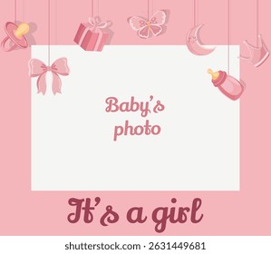Newborn photo frame It's a girl design with pink cute flat baby illustrations, ideal for baby shower cards, announcements, or keepsake decorations