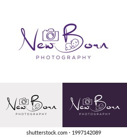 Newborn Photography studio logo template, camera with baby initial NEWBORN photography signature logo template