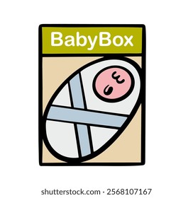 Newborn was placed in a baby box. Little boy or girl is sleeping and smiling. Vector illustration of   way to save small children in  hospital. Parents refused. Isolated cartoon character.