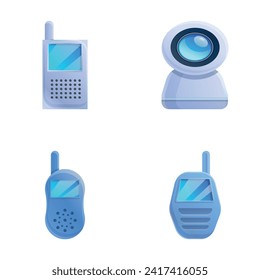 Newborn radio icons set cartoon vector. Electronic baby monitor. Video care