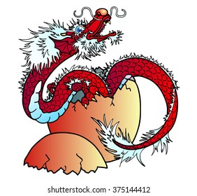 Newborn red fiery asian dragon on white background