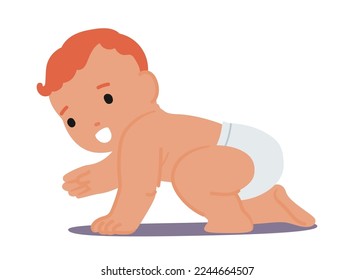 Newborn Redheaded Baby Crawling Isolated on White Background. Cute Innocent Infant Character Wear Diaper Playing and Learning to Crawl. Healthy Adorable Child. Cartoon People Vector Illustration