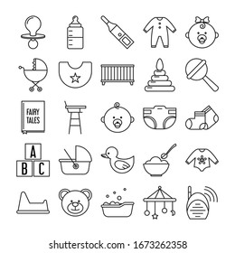 Newborn Related Icon Set Vector Isolated. Symbols In Line Style. Toy, Bed And Baby Signs. Cute Pictogram Collection.