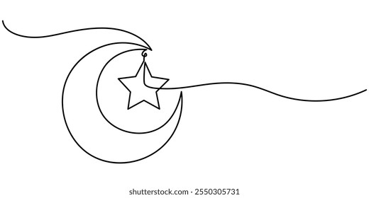 Ícone editável de linha contínua, Lua e Star Line Ícone curso editável, Uma linha Desenho ou ilustração de uma estrela, Estrela e forma crescente feita de arame farpado, Lua árabe e estrela.