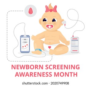 Newborn Screening Awareness Month Concept Vector. Heel Stick And Blood Drop Test, Hearing Screen, And Pulse Oximetry Are Shown For Baby Girl. Medical Event Is Celebrated In September.