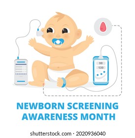 Newborn Screening Awareness Month Concept Vector. Heel Stick And Blood Drop Test, Hearing Screen, And Pulse Oximetry Are Shown For Baby. Medical Event Is Celebrated In September.