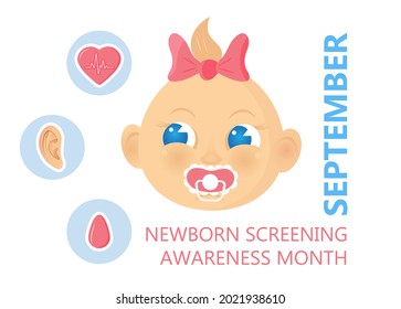 Newborn Screening Awareness Month Concept Vector. Heel Stick And Blood Drop Test, Hearing Screen, And Pulse Oximetry Are Shown For Baby. Medical Event Is Celebrated In September.