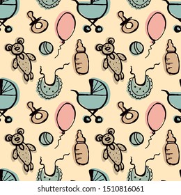 Newborn seamless pattern. A hand drawn doodle stroller, teddy bear, balloon, ball, pacifier, bottle . Vector color illustration on a beige background .