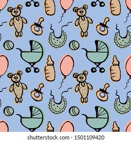 Newborn seamless pattern on a blue background. A hand drawn doodle stroller, teddy bear, balloon, ball, pacifier, bottle . Vector color illustration.