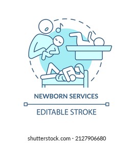 Icono de concepto turquesa de servicios para recién nacidos. Asistencia para el cuidado del bebé. Ilustración de línea delgada de ideas abstractas del centro médico. Dibujo de contorno aislado. Trazo editable. Fuentes Arial, Myriad Pro-Bold utilizadas