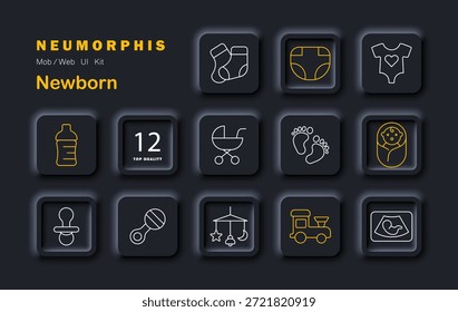 Newborn set icon. Bottle, stroller, diaper, socks, onesie, feet, pacifier, toy, swaddle, scan, mobile, train in outlined neumorphic baby theme.