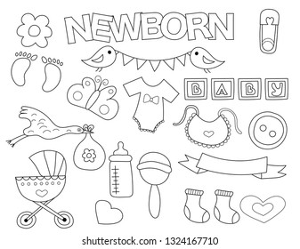 Newborn set of icons and objects. Hand drawn doodle baby shower design concept. Black and white outline coloring page game. Monochrome line art. Vector illustration.