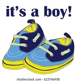 Newborn shoes for boy. It's a boy! Vector illustration on white background