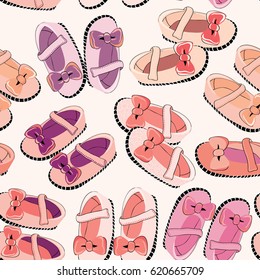 Newborn shoes for girls. Seamless patter. Vector illustration on light pink background