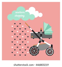 Newborn shopping card. Baby shop logo. Adorable newborn shopping background. Vector baby shopping banner.