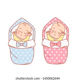 Newborn sleeping baby girl and boy in swaddle, blanket. It is a boy. It is a girl template.  Pink and blue envelope design. Newborn child sleeping. Design of shower card. Vector illustration.