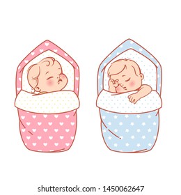 Newborn sleeping baby girl and boy in swaddle, blanket. It is a boy. It is a girl template.  Pink and blue envelope design. Newborn child sleeping. Design of shower card. Vector illustration.