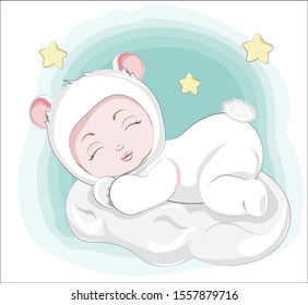 newborn sleeping girl or boy baby in teddy bear plush Pajamas Sleepwear on cloud. Picture in hand drawing style for baby shower. Greeting card, party invitation, fashion clothes t-shirt print