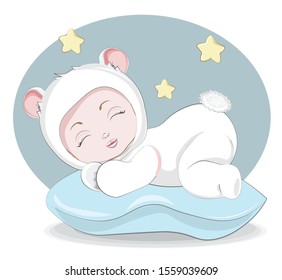 newborn sleeping girl or boy baby in teddy bear plush Pajamas Sleepwear on pilow. Picture in hand drawing style for baby shower. Greeting card, party invitation, fashion clothes t-shirt print