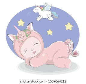 newborn sleeping girl or boy baby in unicorn plush Pajamas Sleepwear. Picture in hand drawing style for baby shower. Greeting card, party invitation, fashion clothes t-shirt print