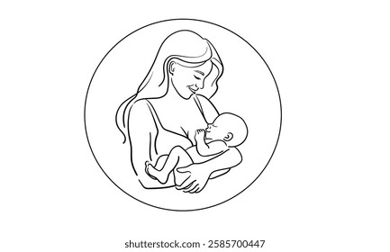 Newborn sleeping in mom's arms in circle, continuous line art drawing. Motherhood, parenthood, pregnancy. Vector illustration isolated on white background