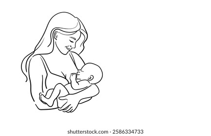 Newborn sleeping in mom's arms, continuous line art drawing. Motherhood, parenthood, pregnancy. Vector illustration isolated on white background