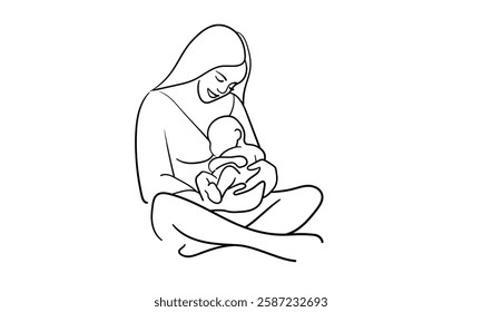 Newborn sleeping in mom's arms, continuous line art drawing. Motherhood, parenthood, pregnancy. Vector illustration isolated on white background